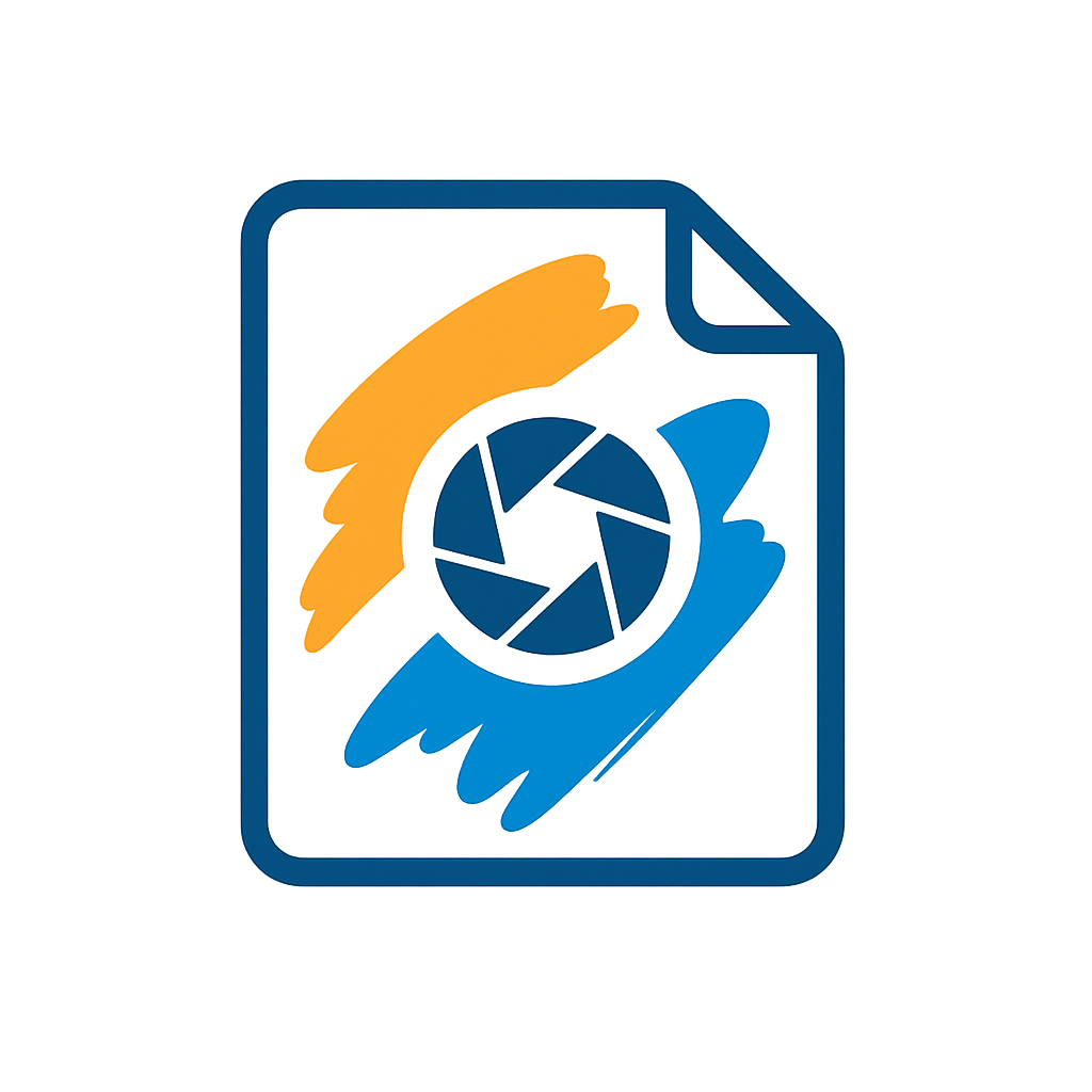 Icon of a document with a camera lens symbol, orange and blue colors on a white background