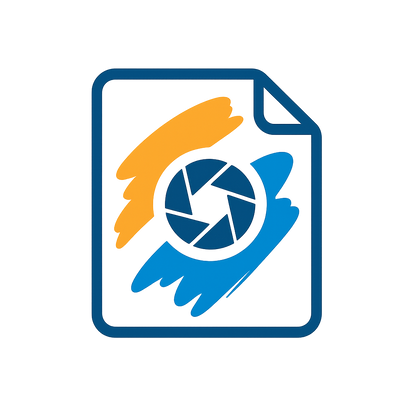 Icon of a document with a camera lens symbol, orange and blue colors on a white background