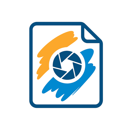 Icon of a document with a camera lens symbol, orange and blue colors on a white background