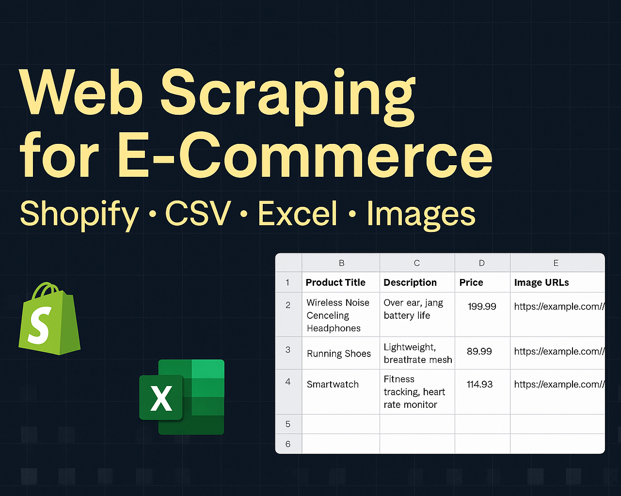 Promotional graphic for web scraping with Shopify and Excel icons on a dark background.