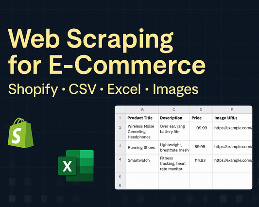 Promotional graphic for web scraping with Shopify and Excel icons on a dark background.